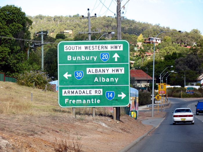 Signs for the Armadale junction, where Highway 30 departs the Perth urban area