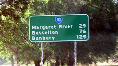 Distance sign on Highway 10 in the southwest corner of Western Australia