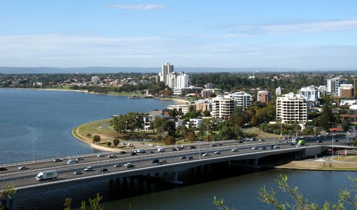 Central Perth with the Kwinana (Highway 2) freeway in the foreground
