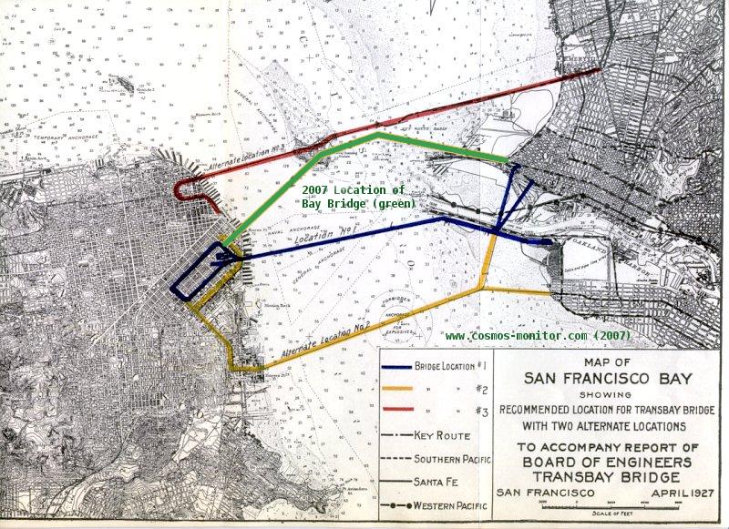 Map of Bay Bridge alternatives from 1927 with current path marked