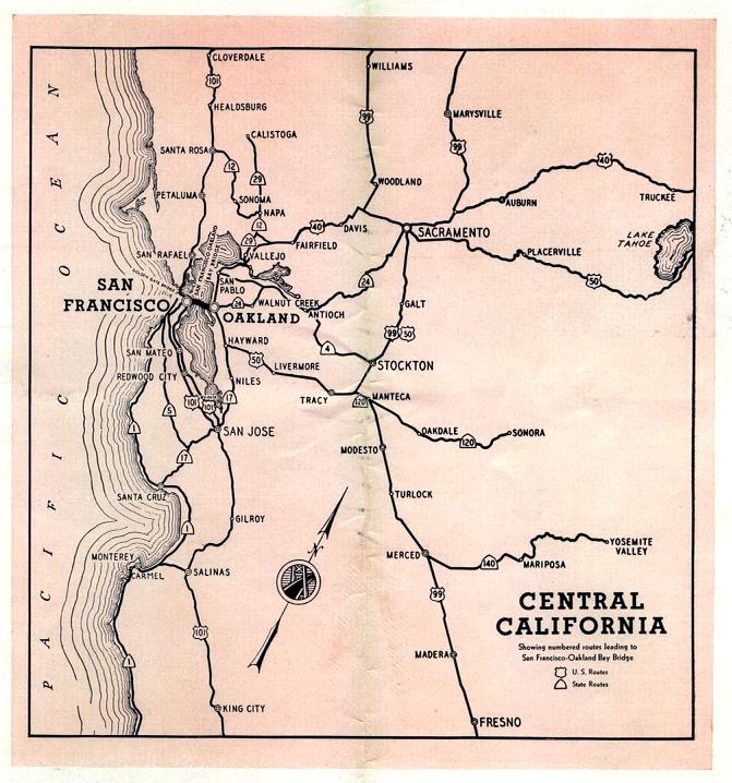 Map of Central California from 1930s Bay Bridge pamphlet