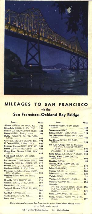 Mileages from various points to the San Francisco-Oakland Bay Bridge (1930s)