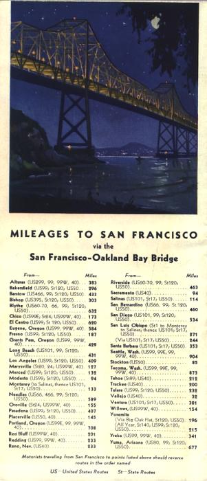 Mileages from various points to the San Francisco-Oakland Bay Bridge (1930s)