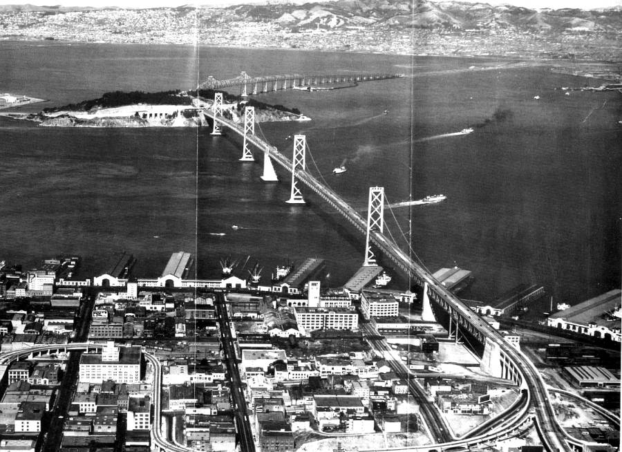 Photo of the Bay Bridge taken from downtown San Francisco (1930s)