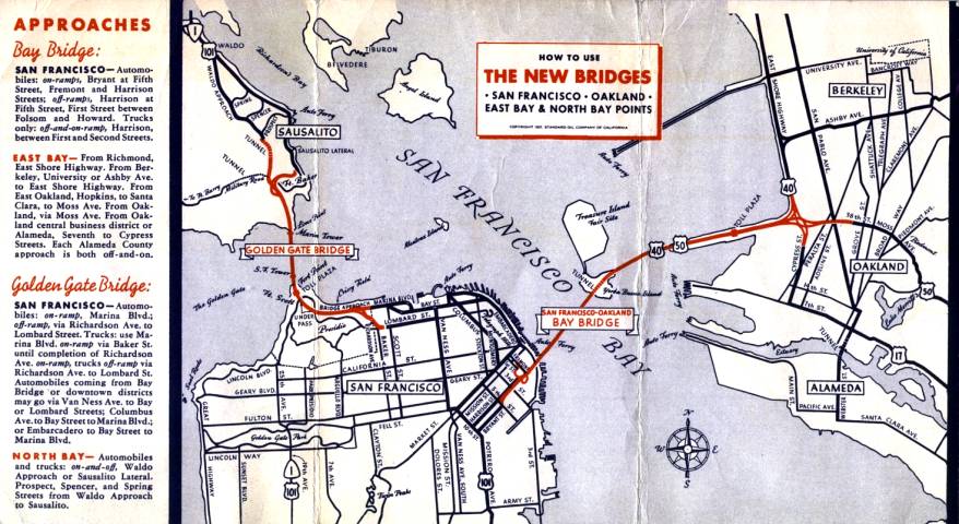 Inside pages of 1939 guide pamphlet about San Francisco Bay bridges