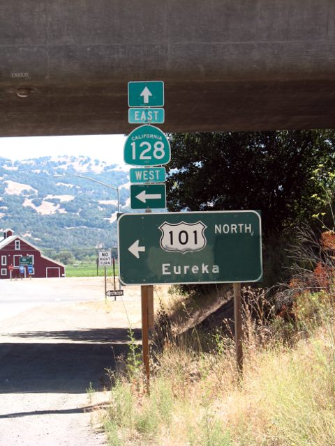 Odd sign assembly for California 128 at US 101 just north of Geyserville