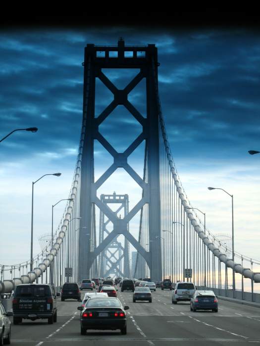 Windshield shot of one of the towers of the San Francisco-Oakland Bay Bridge