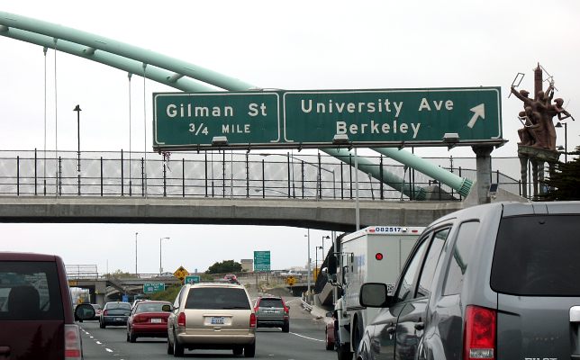 Pedestrian bridge in the background at the University Avenue exit from I-80/580 in Berkeley, California