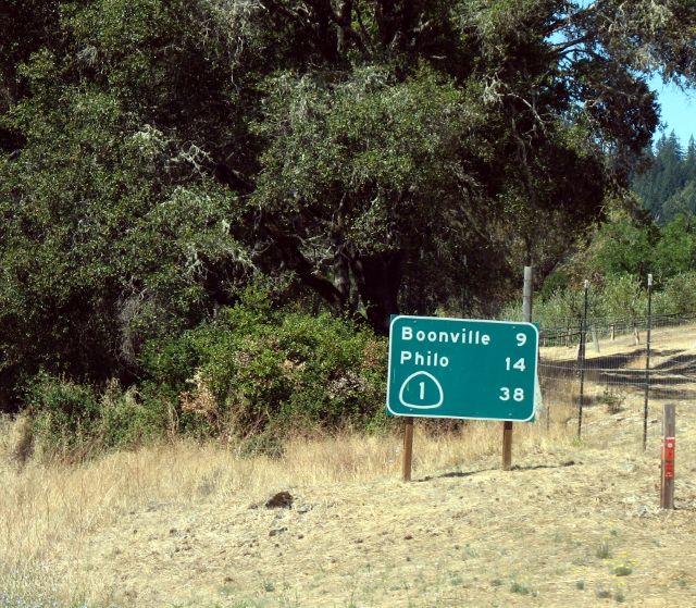 Destinations on westbound California 128 in Mendocino County
