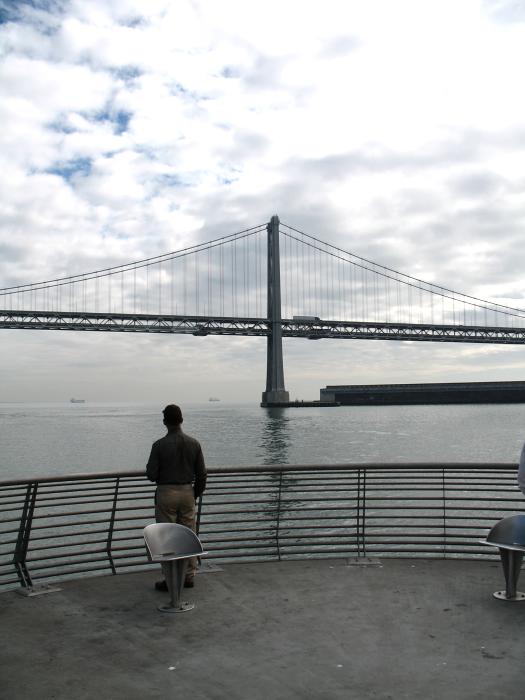 A tower of the San Francisco Bay Bridge west span, seen from Pier 14