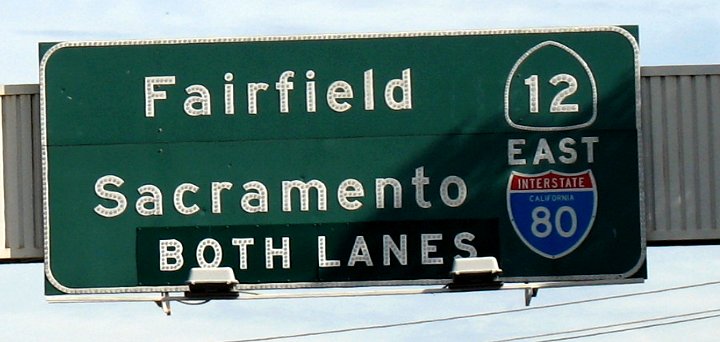 Close-up for eastbound traffic destinations on I-80/California 12