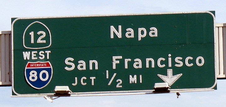 Close-up for westbound traffic destinations on I-80/California 12