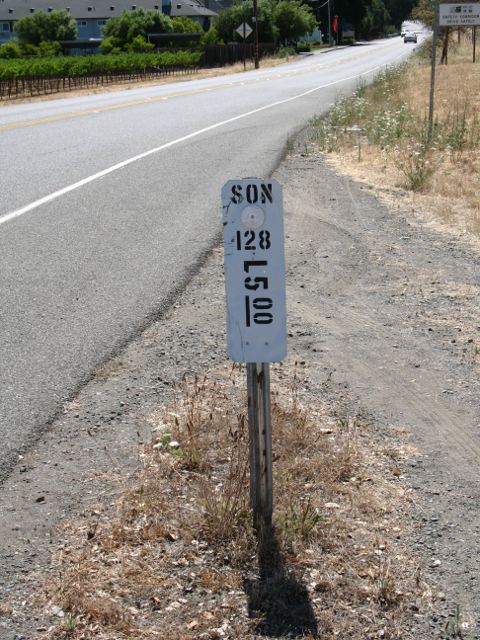 Standard California postmile marker on California 128 in Geyserville