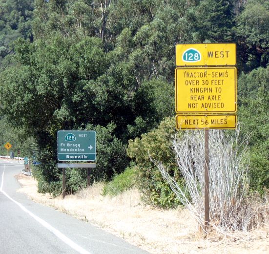 A not-advised warning sign for trucks on California 128