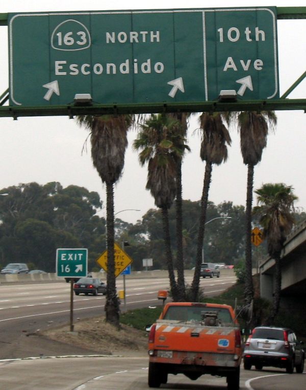 Close-up of larger sign gantry where California 163 intersects with Interstate 5 in San Diego