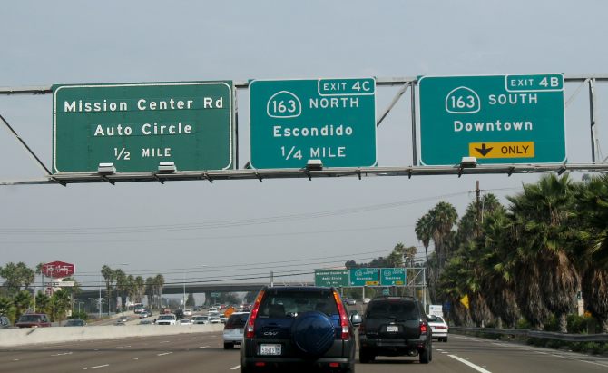 Exit signs from eastbound Interstate 8 in San Diego