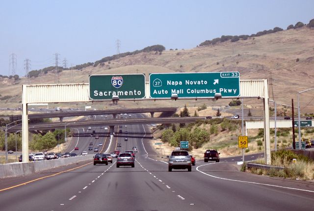 Signs at California 37 exit from eastbound Interstate 80 in Vallejo