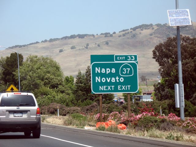 Reminder sign for California 37 exit from eastbound Interstate 80 in Vallejo