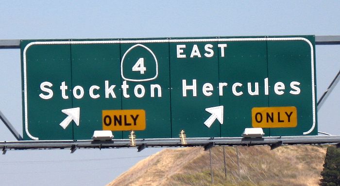 Close-up of exit sign for California 4 at Interstate 80 in Hercules