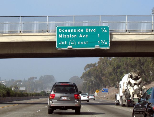California 76 on destination sign for Interstate 5 northbound in Oceanside