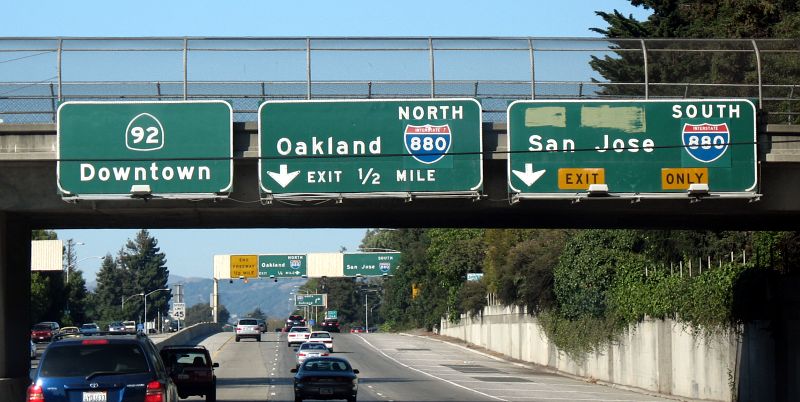 Advance signs for Interstate 880 at California 92 in Hayward