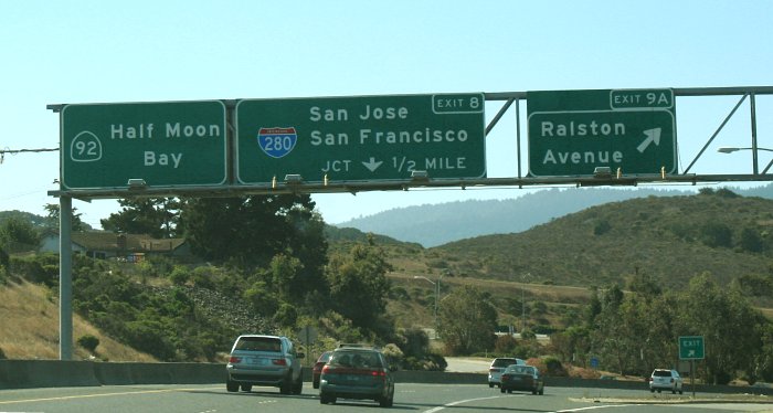 Advance signs for Interstate 280 on westbound California 92 in San Mateo