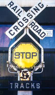 Old railroad-crossing sign in Calistoga, CA