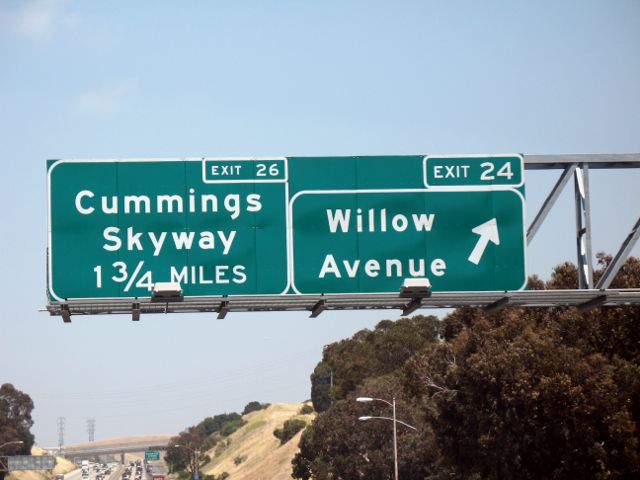 Exit signs on Interstate 80 in Rodeo, California
