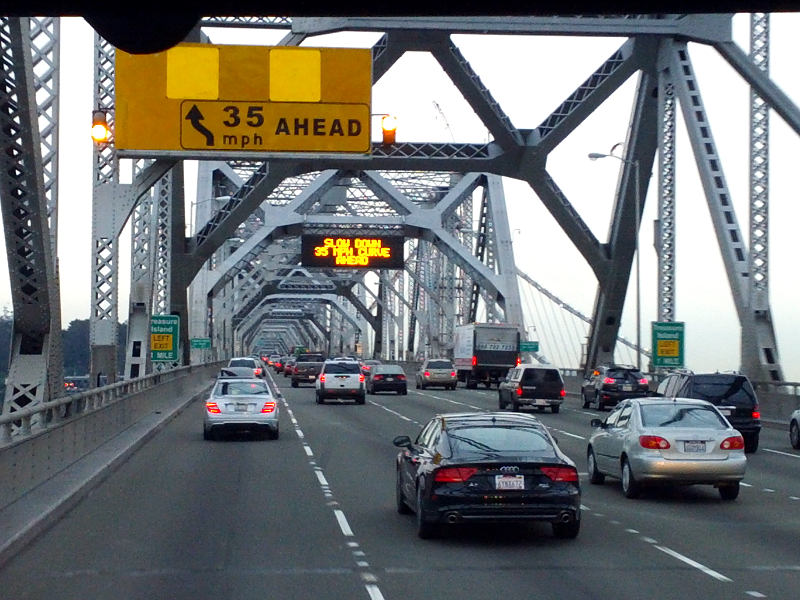 Multiple warning signs for the sharp S-curve on the Bay Bridge (2012)