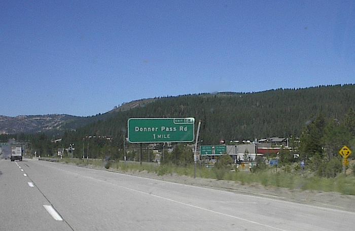 Exit sign for Donner Pass Road from Interstate 80 in Nevada County, California