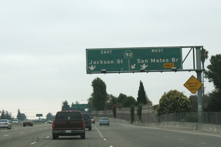 Exit sign for California 92 from southbound Interstate 880 in Hayward