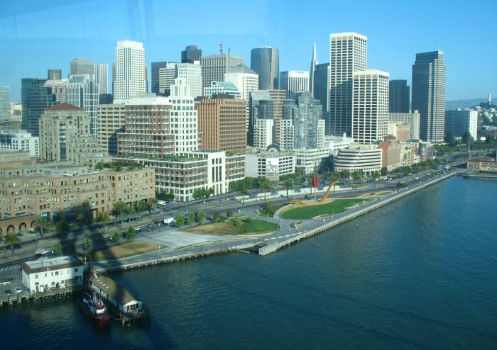 Shadow of the Bay Bridge over the Embarcadero in San Francisco