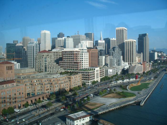 View of the Embarcadero and the San Francisco skyline from the Bay Bridge