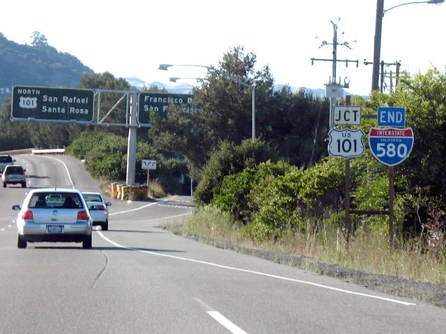 The northern endpoint of Interstate 580 at US 101 in San Rafael, California