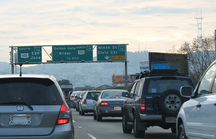 The Sutro Tower is in the background on westbound Interstate 80 in San Francisco