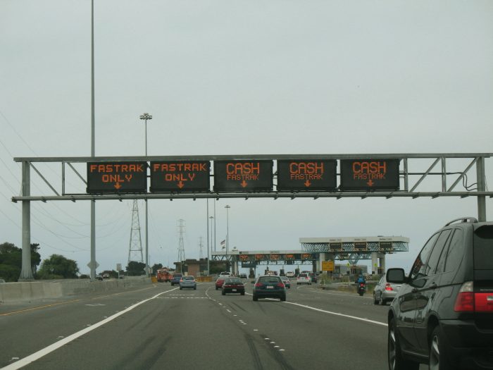 Variable message signs ahead of the San Mateo Bridge toolbooths (California 92)