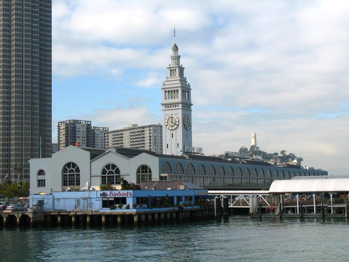 San Francisco Ferry Building, with Coit Tower on a hill in the background
