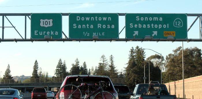 Exit and advance signs for northbound US 101 at California 12 in Santa Rosa