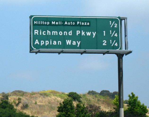 Very tiny lettering for one destination on eastbound Interstate 80 in Richmond
