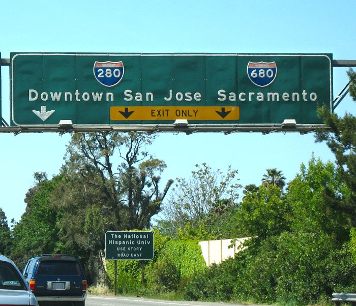 Close-up of button reflectors on exit signs from US 101 in San Jose