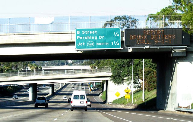 Exits from southbound Interstate 5 approaching downtown San Diego