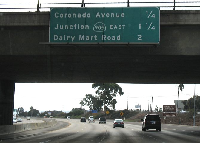 Destination sign including California 905 on Interstate 5 in far southern San Diego County