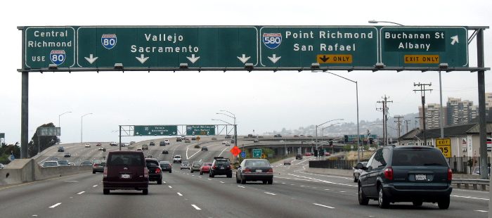 The I-80/I-580 split at the concurrence's northern end in Albany, California