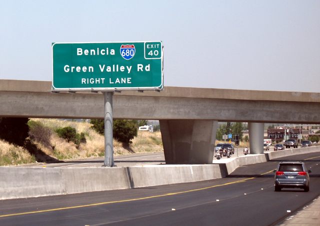Advance exit sign for Interstate 680 from Interstate 80 near Cordelia, California, with reflective sheeting and exit numbering