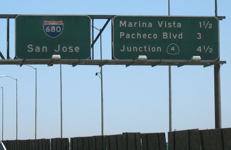 Destination signs with button reflectors on Interstate 680 on the Benicia-Martinez (Calif.) Bridge