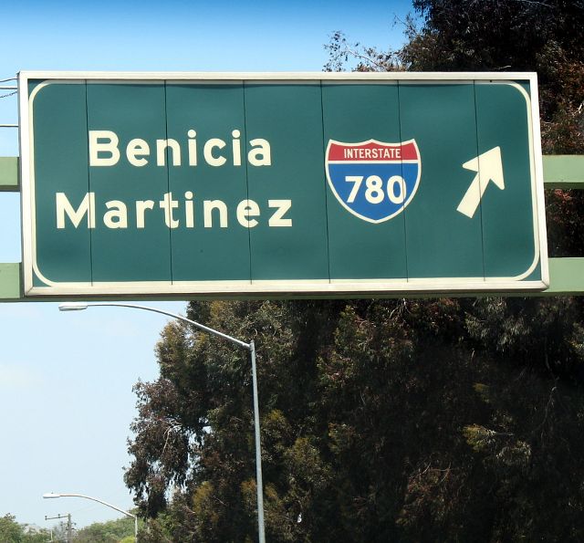 Backlighted exit signs for Interstate 780 from Interstate 80 in Vallejo, California