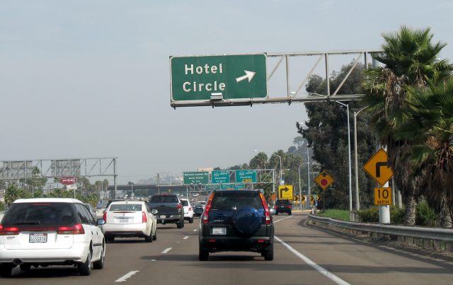 Old-style button reflectors for the Hotel Circle exit sign in San Diego