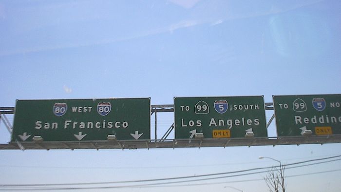 Exit-sign gantry for Interstate 80, Interstate 5, and California 99 in Sacramento