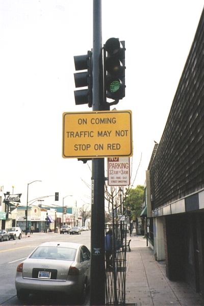 Warning sign at 38th Avenue and MacArthur Boulevard in Oakland