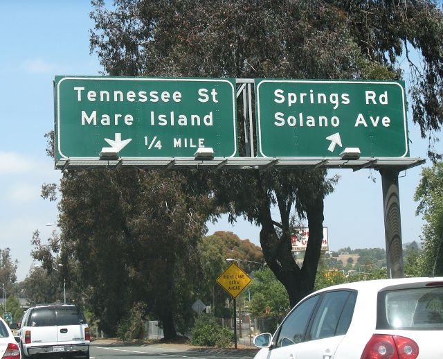 Exit signs for city streets on Interstate 80 in Vallejo, California